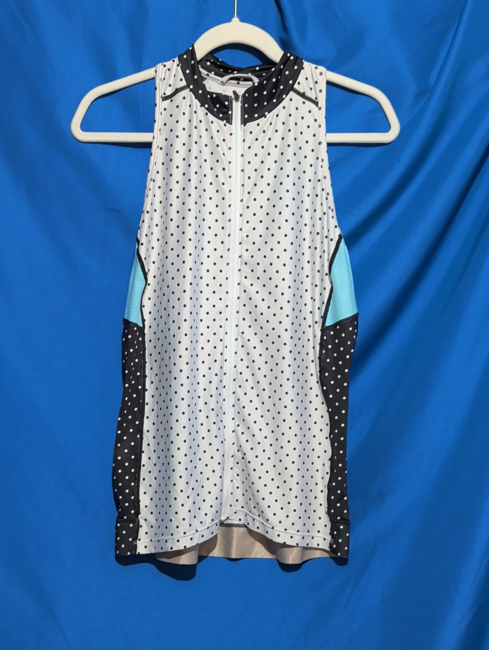 Polka Dot Zip-Front Tank Top with Aqua Side Panels Cycling